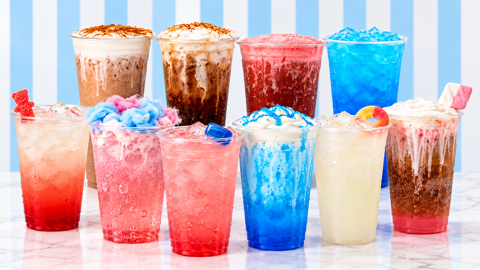 The new Fizz Out lineup: eleven bright iced drinks in an array of flavors and colors